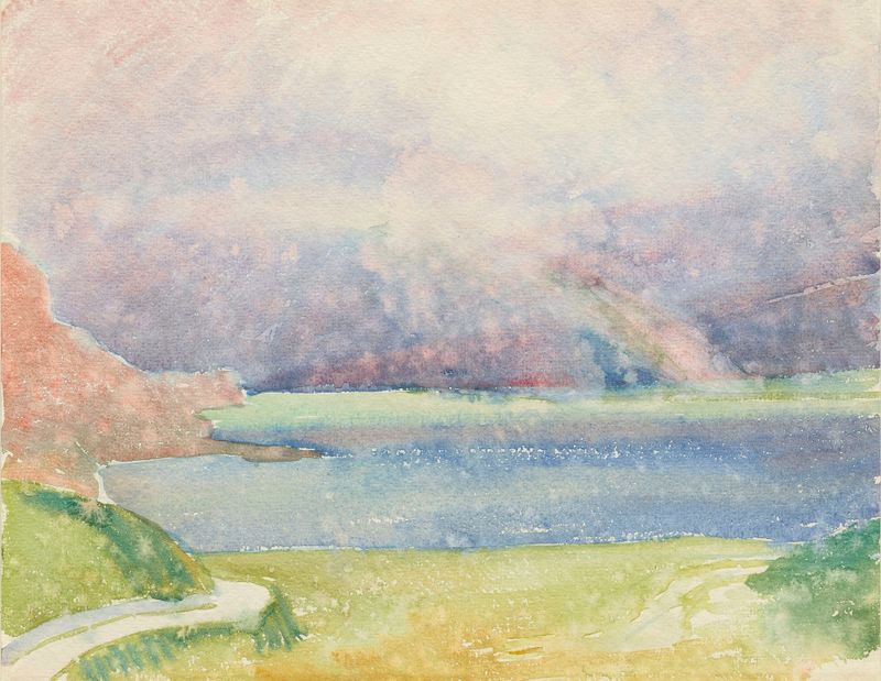 Landscape with rainbow over lake, oil on canvas by Giovanni Giacometti
