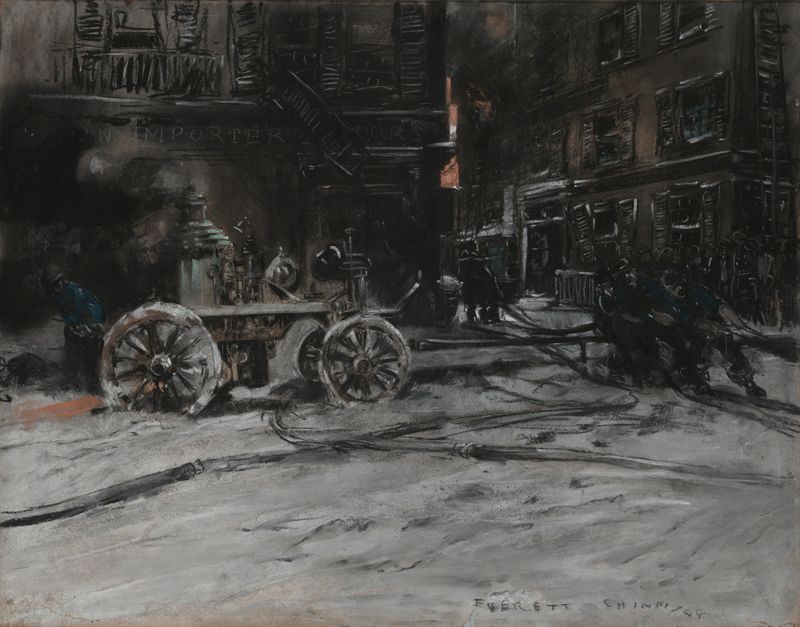 Fire Scene de Everett Shinn, óleo sobre lienzo que representa una escena caótica con colores vibrantes.