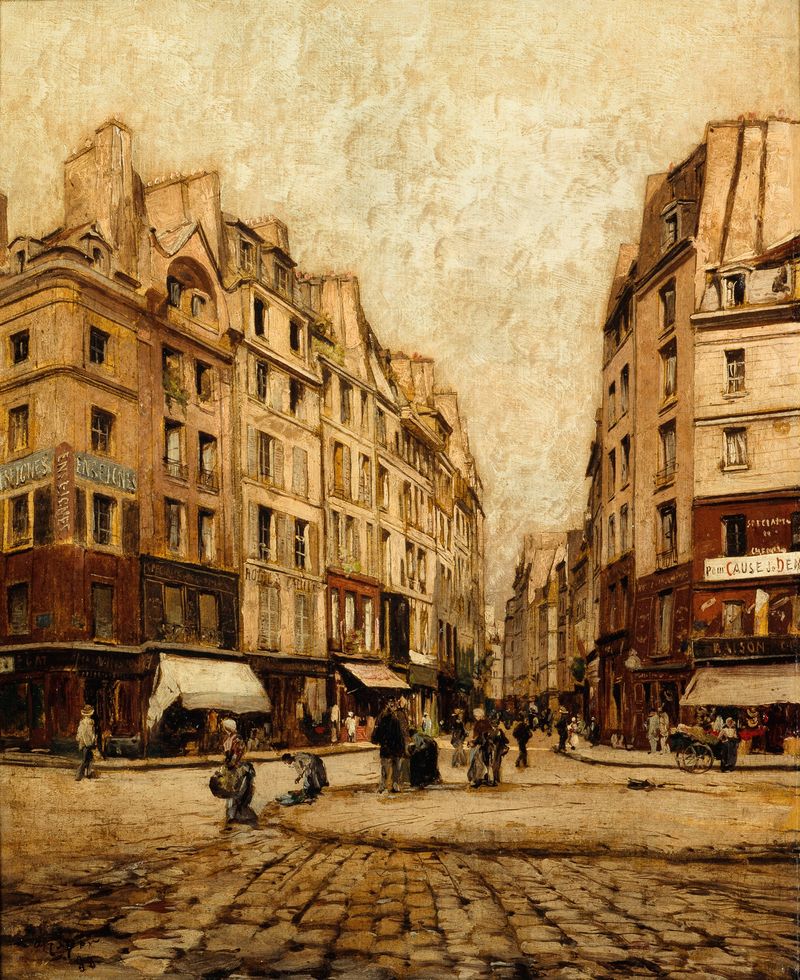 La Rue Galande de Emmanuel Lansyer, Impressionismo, retratando uma rua parisiense ao entardecer.