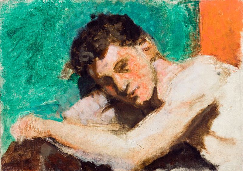 Retrato de um jovem sentado inclinado para frente, óleo sobre tela de Denman Waldo Ross