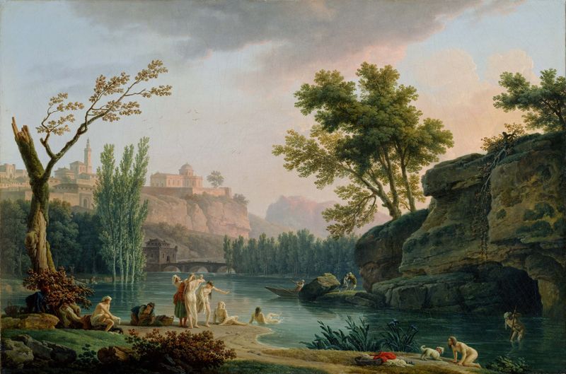 Verano Tardío, Paisaje en Italia de Claude-Joseph Vernet, pintura al óleo que muestra un atardecer sobre colinas y un río.