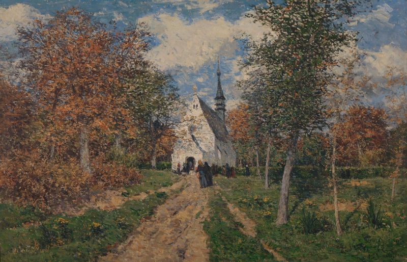 Chapel in the Kempen de Isidore Verheyden, óleo sobre tela, retratando ruínas em uma paisagem nevoenta