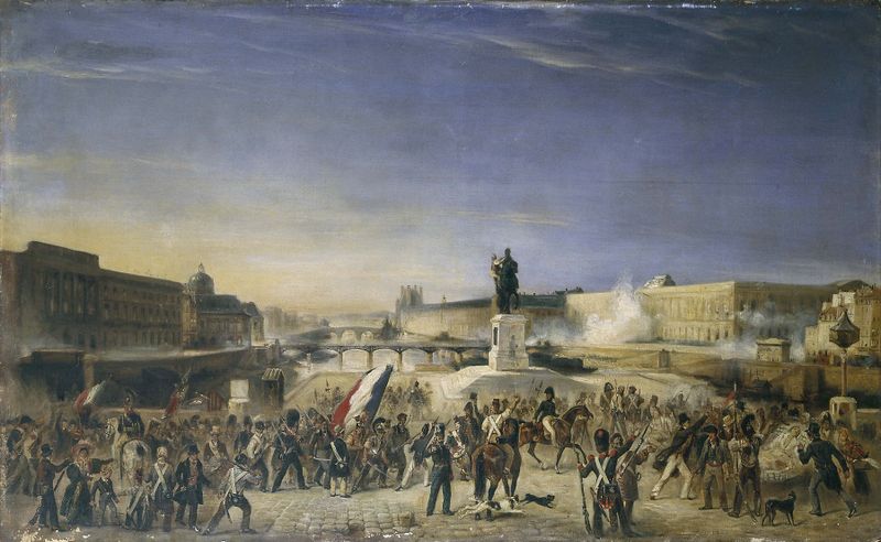 L’attaque du Louvre, le 29 juillet 1830, óleo sobre tela de Unknown Artist, representando o Louvre ao amanhecer.
