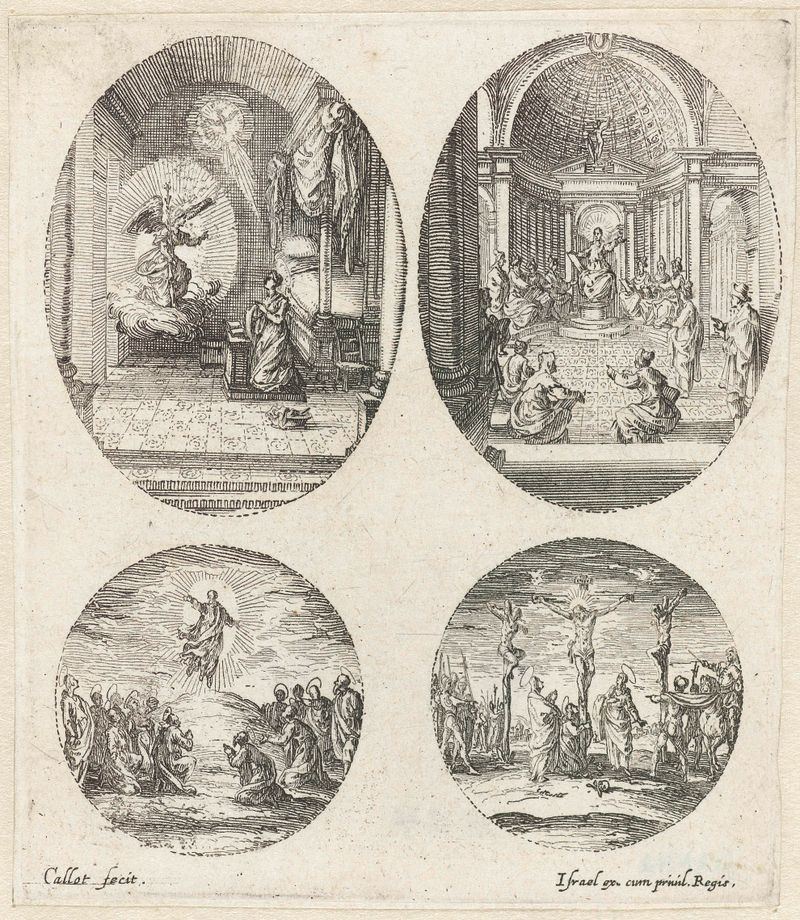 Gravura de Jacques Callot que retrata as cenas da Anunciação e Crucificação com luz suave