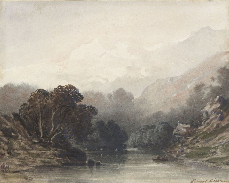 Pintura de paisaje al óleo de Ernest Cicéri con árboles oscuros y montañas nevadas a lo lejos.
