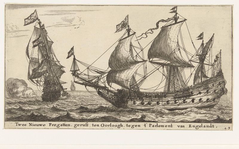 Dos barcos de guerra en un mar tempestuoso, grabado por Unknown Artist
