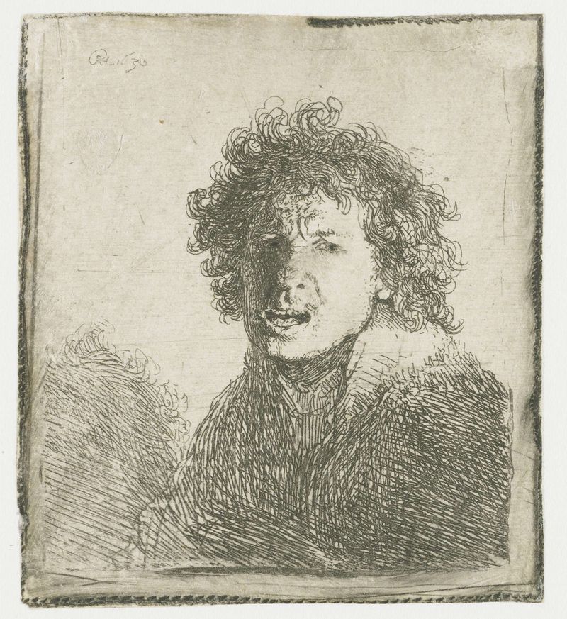 Autorretrato em gravura de Rembrandt van Rijn mostrando uma expressão com a boca aberta