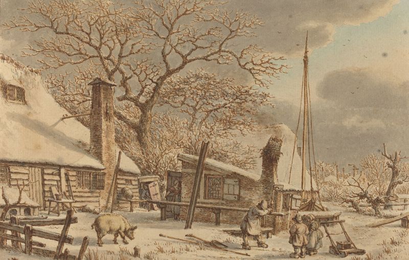 Farmyard in Winter by Jacob Cats, depicting a snowy farmyard with livestock, oil painting