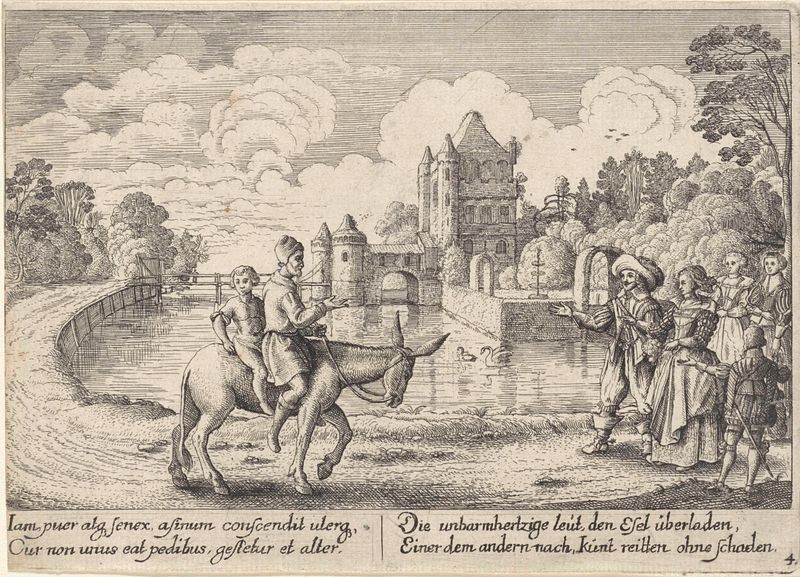 Grabado de Wenceslaus Hollar que muestra a un granjero y su hijo montando un burro.