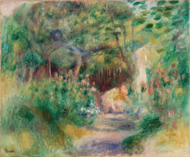 Mulher jardineira em um jardim ensolarado, óleo sobre tela de Pierre-Auguste Renoir
