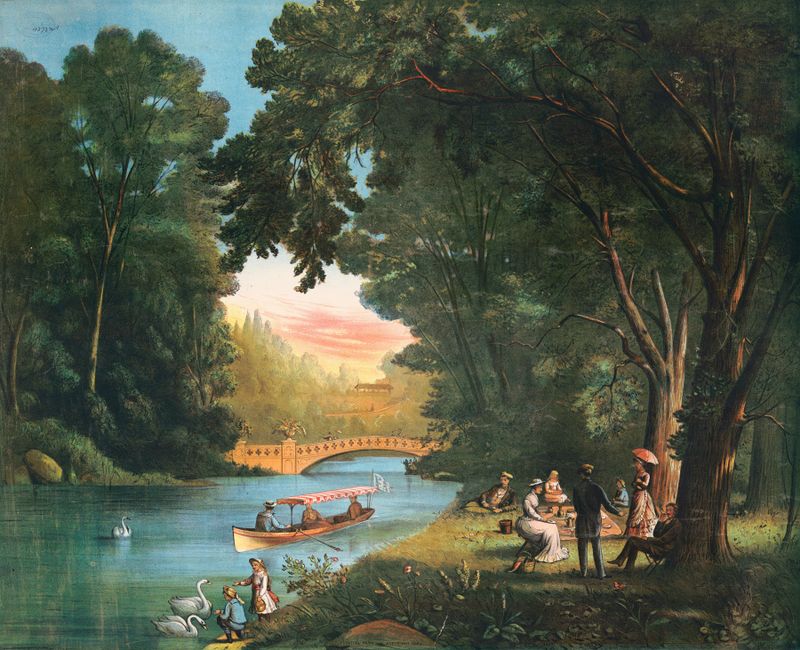 Paisaje de Central Park con árboles y luz dorada, artista desconocido