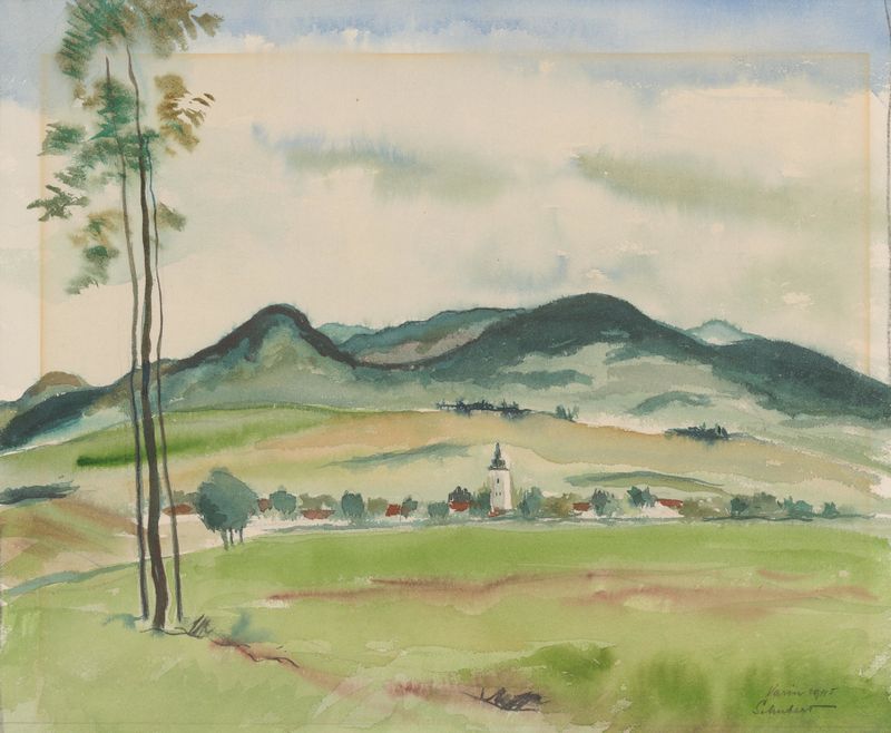 Svätá Mara by Július Schubert, oil on canvas depicting vibrant colors and spiritual themes.