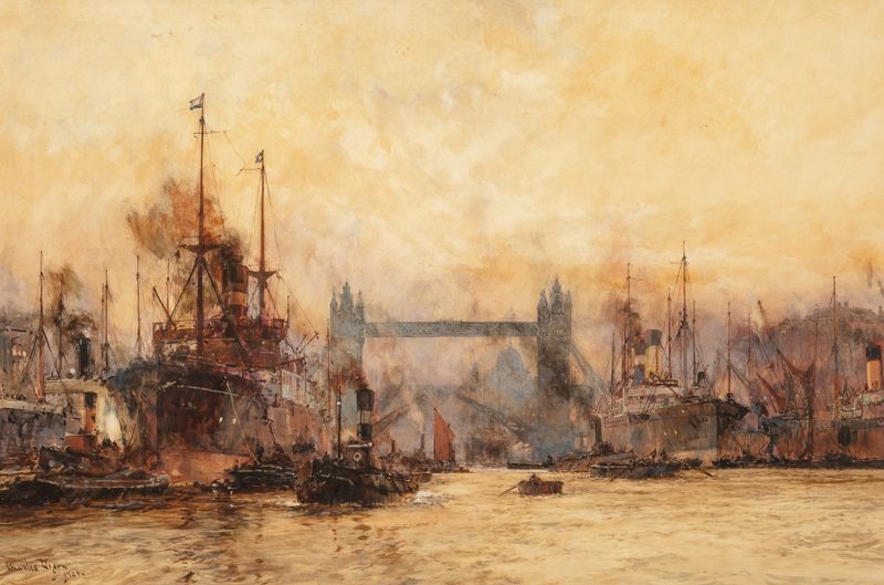 Tower Bridge over the Pool of London, oil painting by Charles Edward Dixon