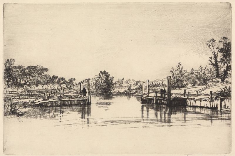 Gravura Egham Lock de Francis Seymour Haden mostrando um rio com nuvens refletindo na água