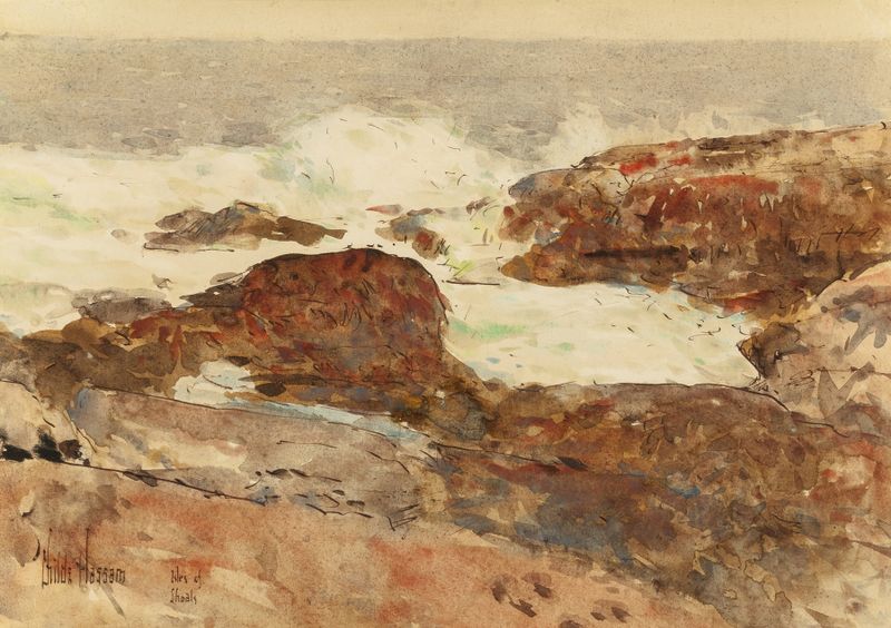 Escena marina de Isles of Shoals de Childe Hassam, pintura al óleo con tonos profundos de azul y verde.