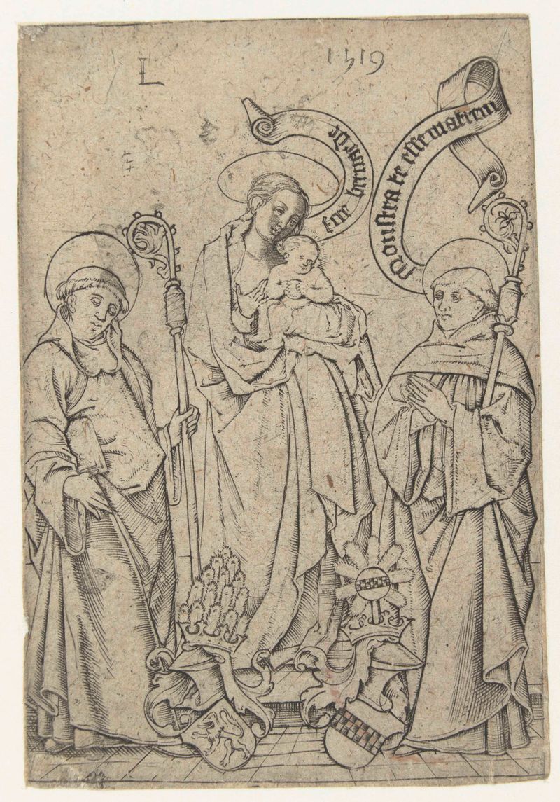 Engraving by Monogrammist L depicting a mother and child with saints