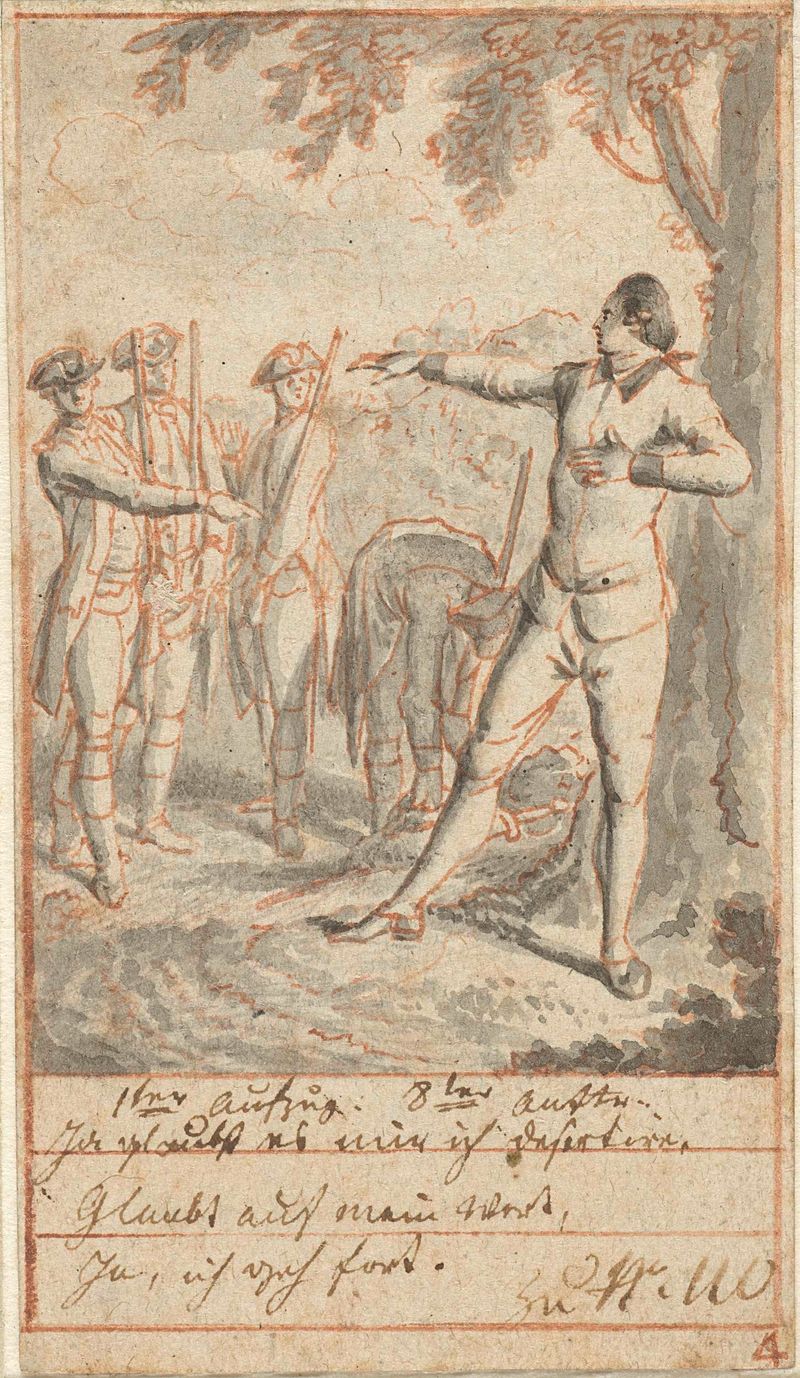 Historical scene with soldiers under a linden tree, etching by Daniel Nikolaus Chodowiecki