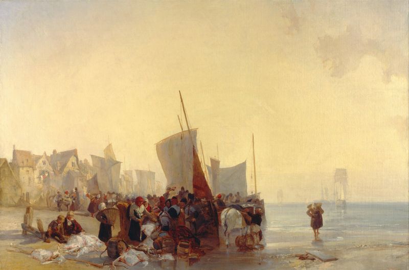 Fishmarket de Richard Parkes Bonington, pintura al óleo que muestra una escena de mercado animada.