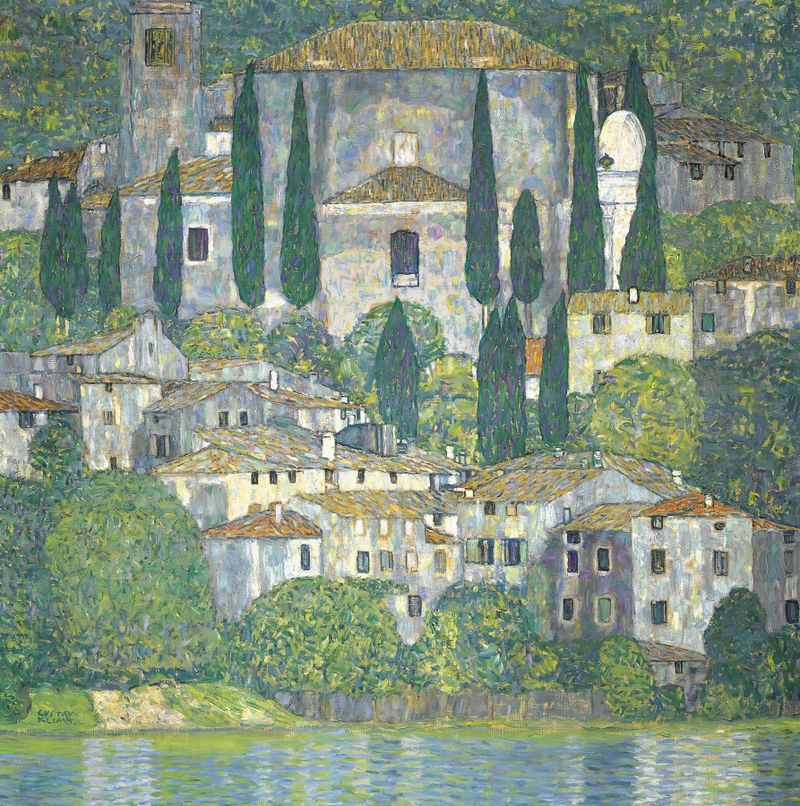 Church in Cassone – Landscape with Cypresses by Gustav Klimt, oil painting featuring cypress trees and a church.