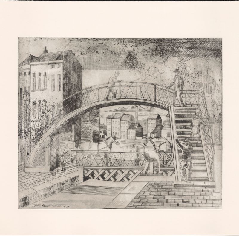 Post-Impressionism oil painting by Jean Brusselmans depicting a canal with a bridge and horse.