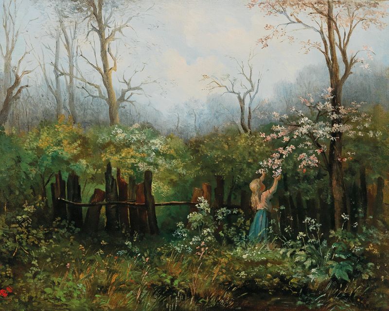 A girl kneels in a garden, touching flowers in an oil painting by Olga Wisinger-Florian.