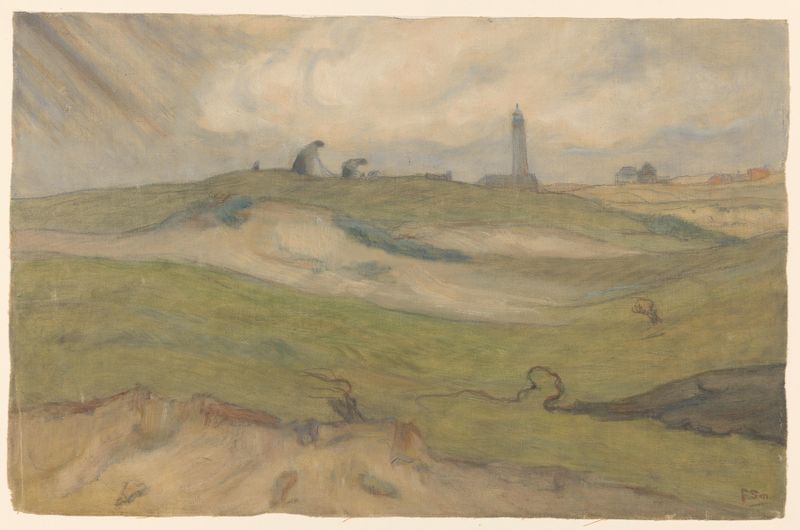 Landscape with a lighthouse and fishermen, oil painting by Frans Smissaert