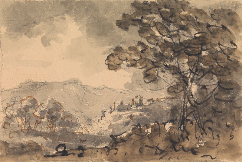 Paisaje con castillo a lo lejos de William Gilpin, óleo que muestra colinas y un castillo distante.
