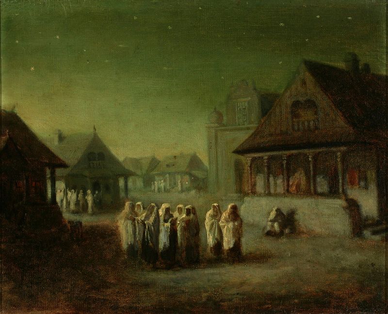 Return from the synagogue, oil on canvas by Wacław Józef Koniuszko, depicting figures in rich garments.