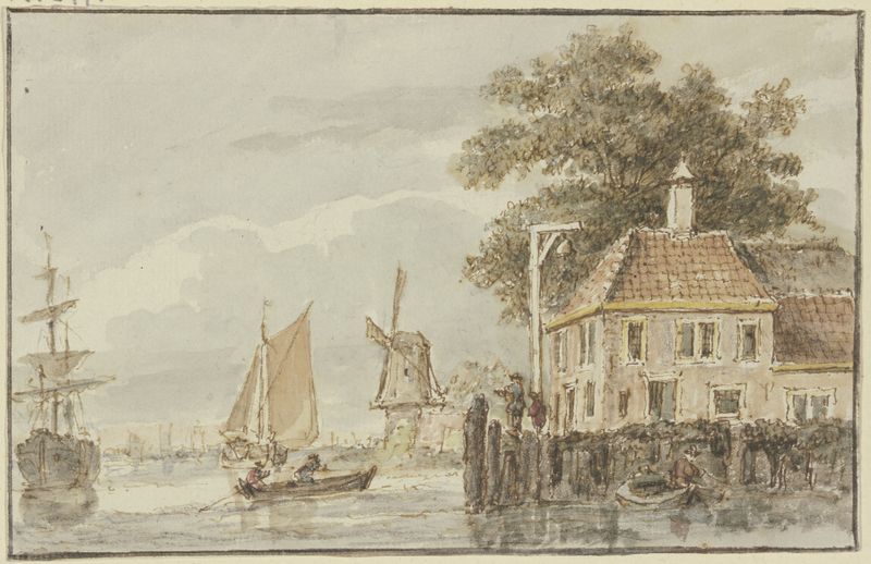 Escena marina con molino de viento y barcos de Hendrik Spilman, pintura al óleo