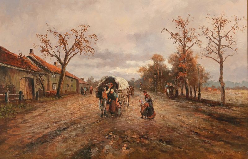 On the Country Road, óleo sobre tela de Emil Barbarini, retratando um caminho sinuoso entre a vegetação.