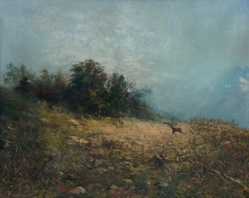 In a Glade by Ľudovít Pitthordt, impressionism, depicting a forest scene with sunlight filtering through branches.