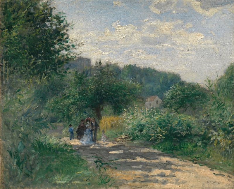 A Road in Louveciennes de Pierre-Auguste Renoir, pintura al óleo que muestra un camino iluminado a través de la naturaleza.