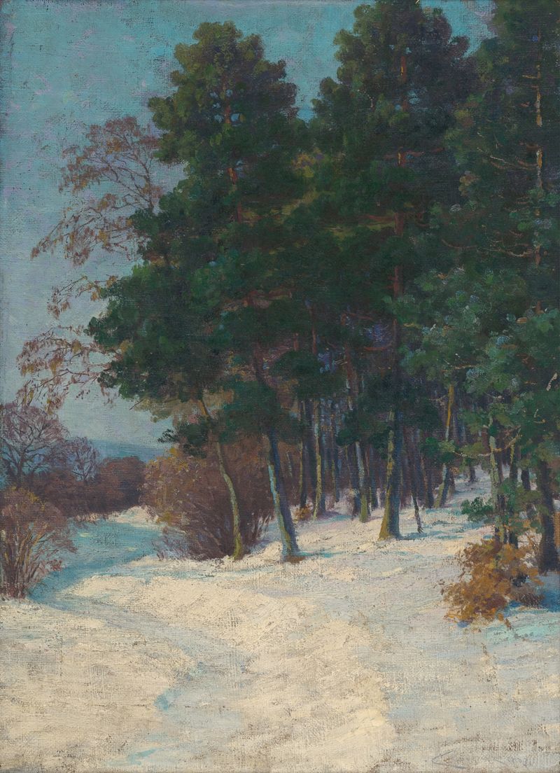 Forest in winter, óleo sobre lienzo de Ľudovít Čordák, que representa árboles cubiertos de nieve y un paisaje tranquilo.