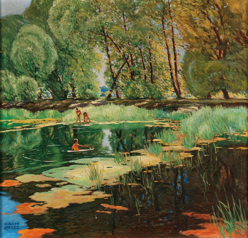 Badeszene by August Rieger, figurative oil painting depicting nude figures in water.