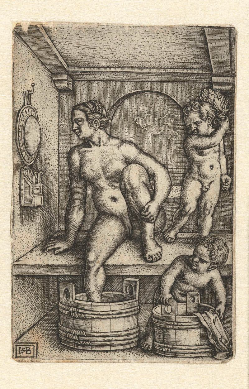 Gravura de Hans Sebald Beham mostrando uma mãe com duas crianças em um banheiro