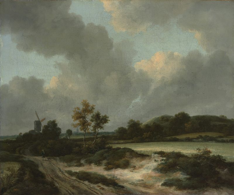 Grainfields de Jacob van Ruisdael, óleo sobre tela que retrata campos ondulados sob um vasto céu.