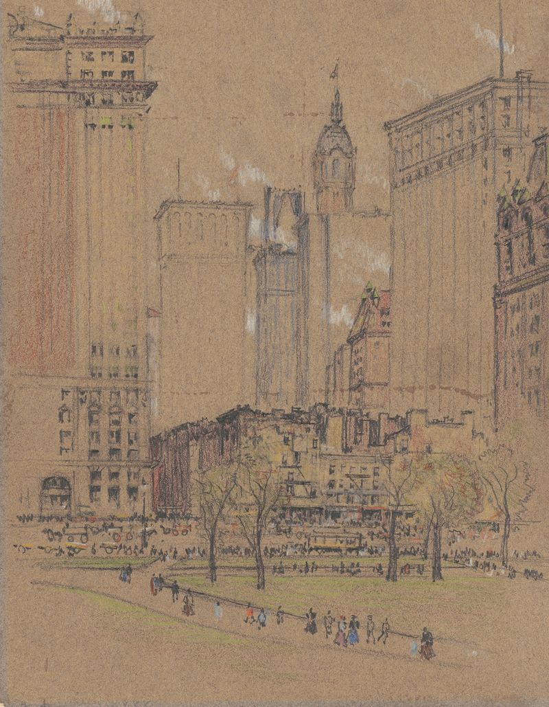 Lithograph by Joseph Pennell depicting a skyline with shadows and light