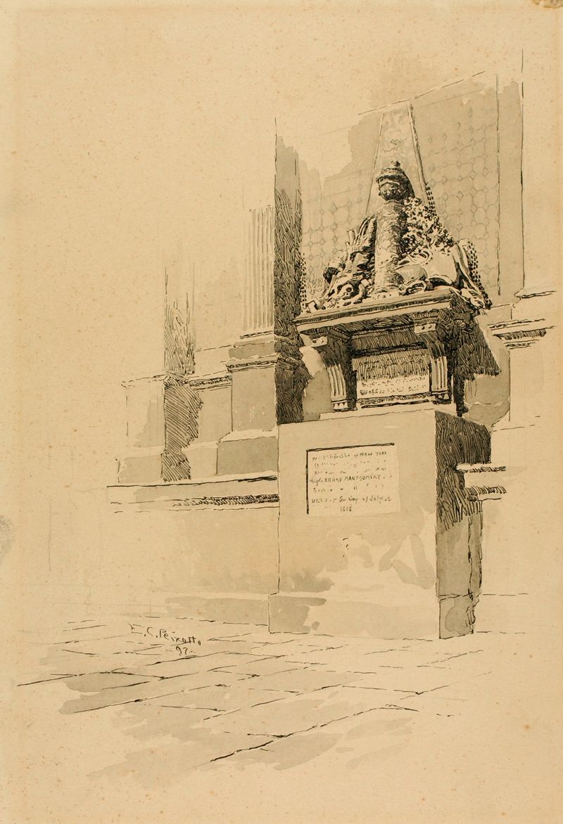 Monumento de Ernest Peixotto, óleo sobre lienzo, que representa una estructura imponente contra un cielo apagado.