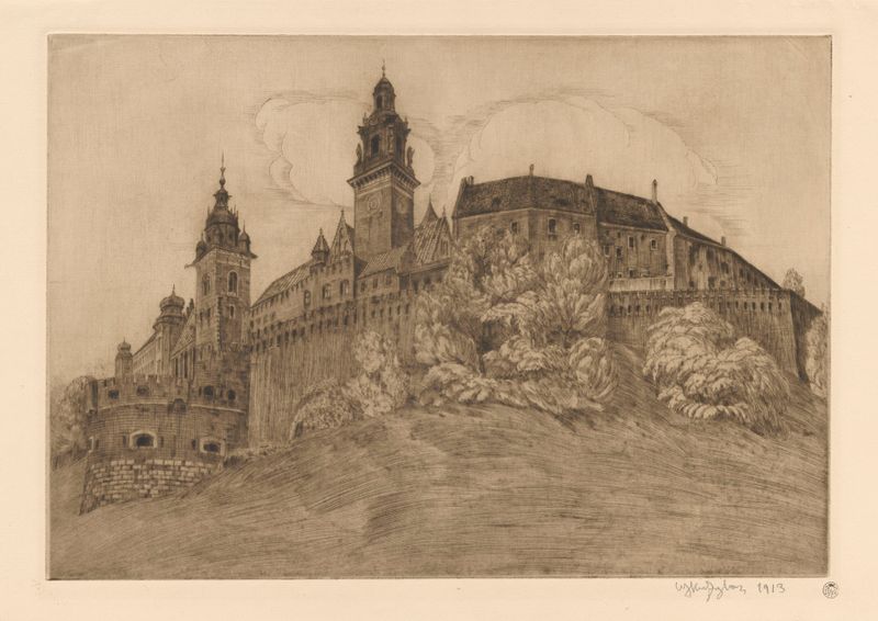 Xilografía de Władysław Skoczylas que representa el Castillo de Wawel en un paisaje de suaves colores.
