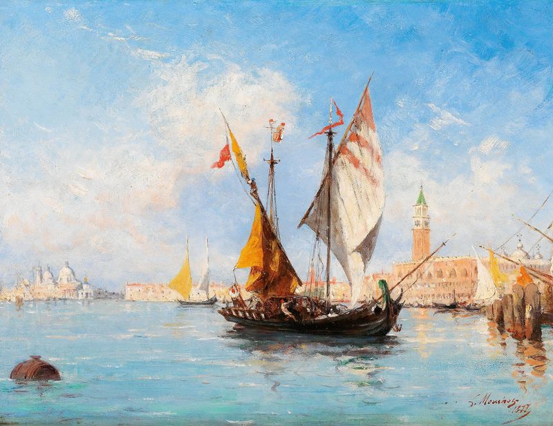 Marine scene with sailboats on water, by Louis Claude Mouchot, Impressionism
