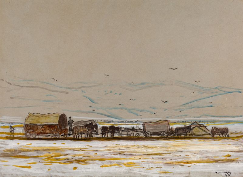 Escena de género de soldados descansando en un paisaje, óleo sobre lienzo de Ladislav Mednyánszky