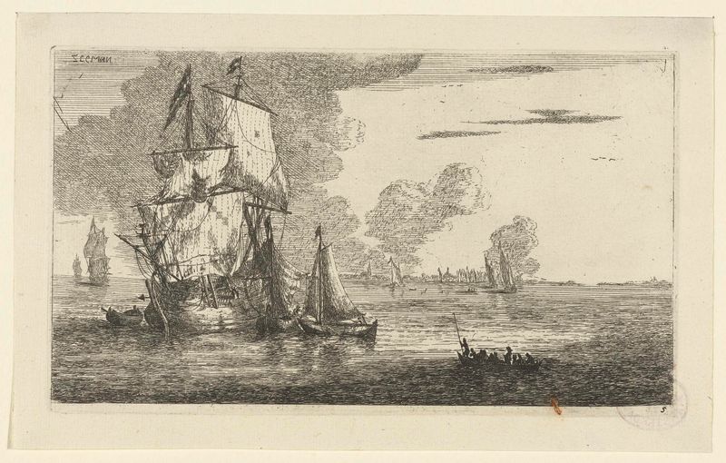 Grabado Koopvaardijschip de Reinier Nooms que representa un barco con velas ondeantes
