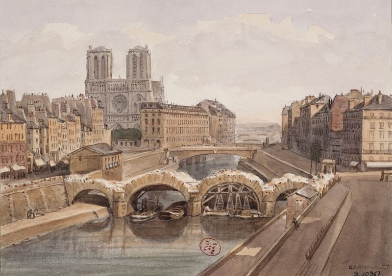 Démolition du Pont Saint Michel by Auguste-Sébastien Bénard, oil painting depicting a crumbling bridge.