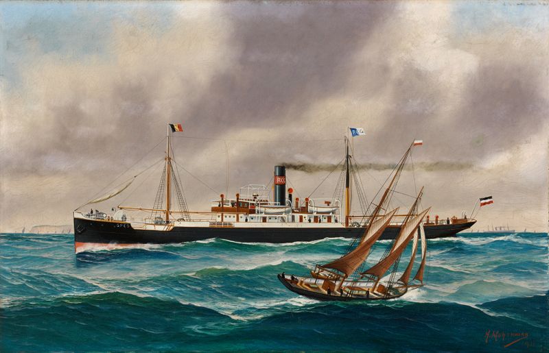 Stoomschip met hulpzeilen ‘Spes’ de John-Henry Mohrmann, modernismo, un vapor con velas en el océano