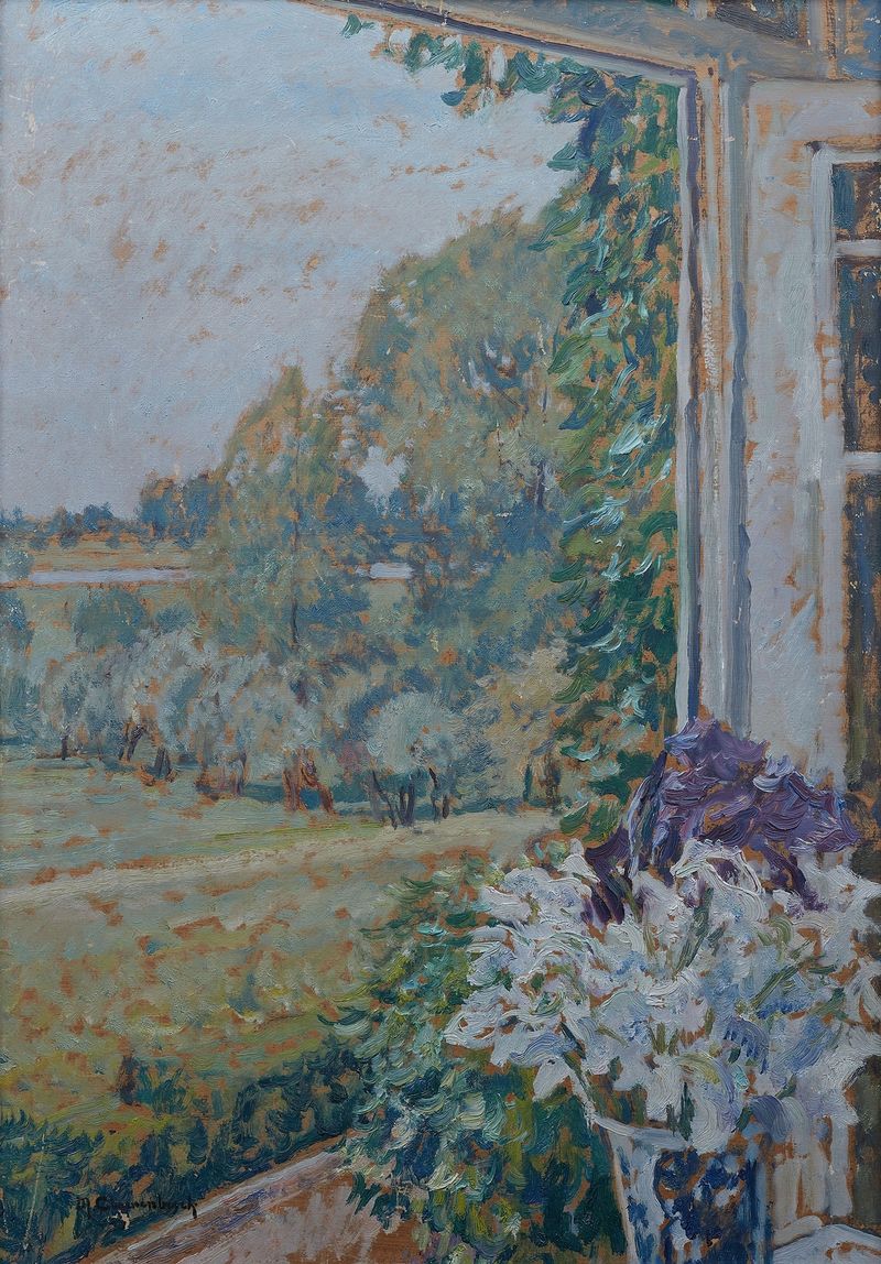 Interior scene with a window and twilight light, oil painting by Max Clarenbach
