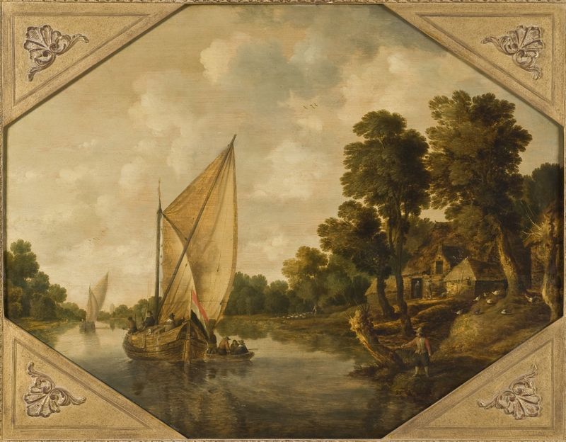 River Landscape by Bonaventura Peeters the Elder, oil painting depicting a tranquil river and nature.