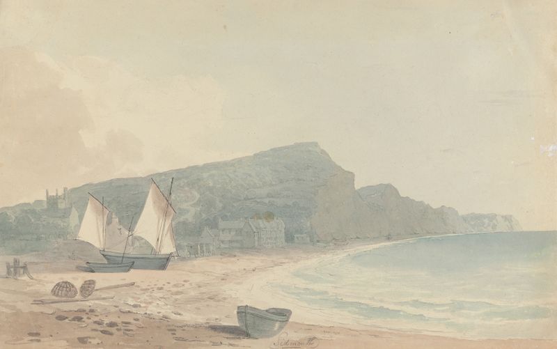 Sidmouth de John Baverstock Knight, óleo sobre lienzo que muestra olas rompiendo contra acantilados
