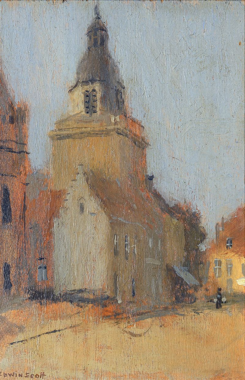 Interior of a church with stained glass by Frank Edwin Scott