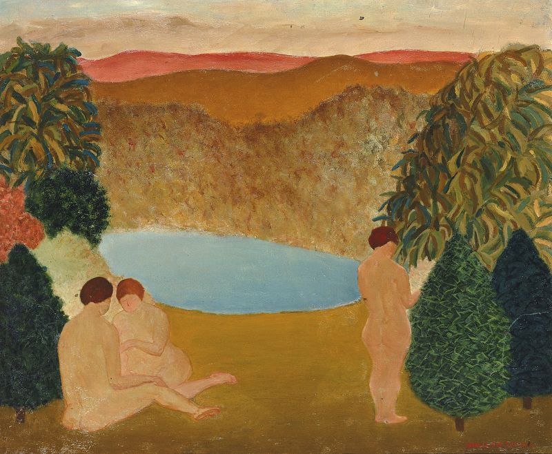 Nudes in Landscape de Arnold Friedman, óleo sobre lienzo con figuras en un paisaje sereno.