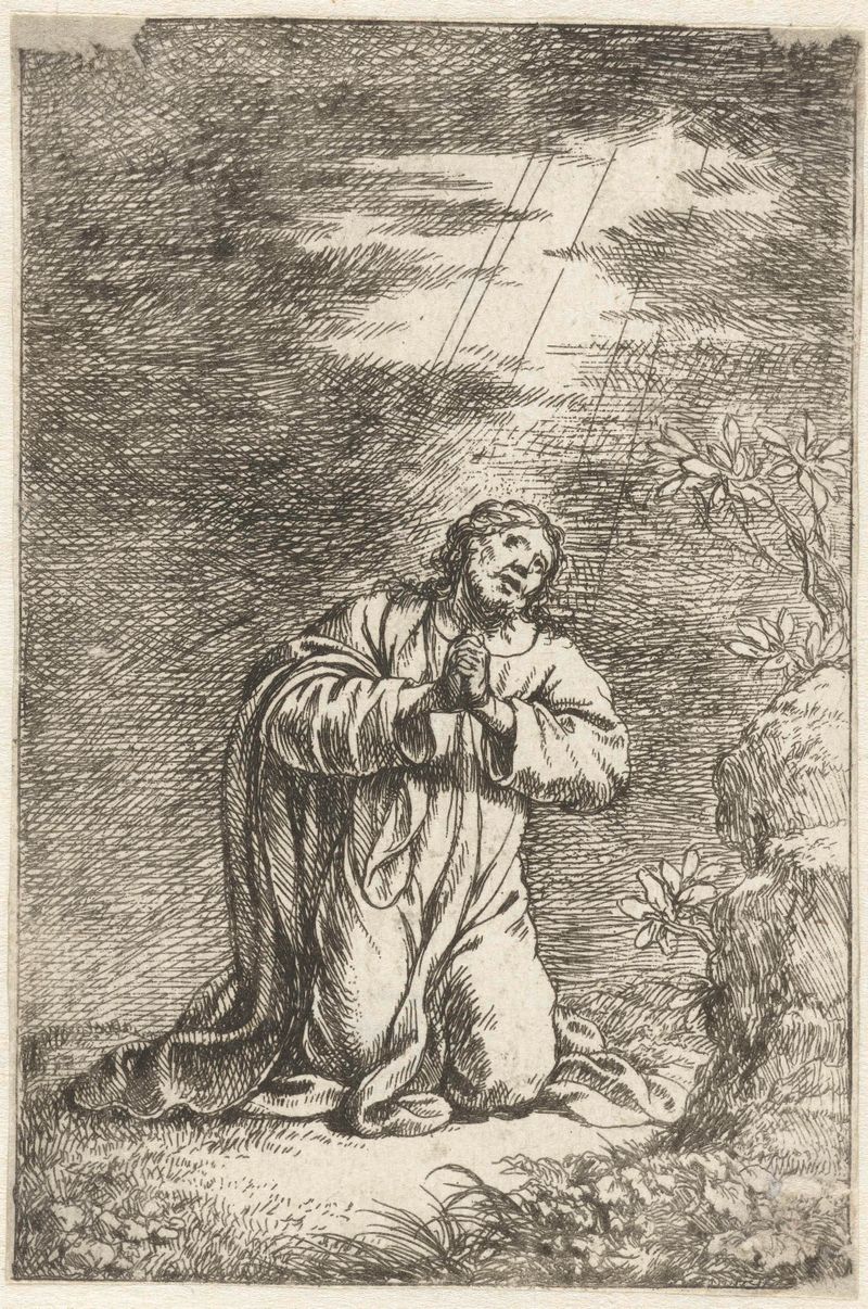 Christ kneeling under olive tree in etching by Jonas Umbach